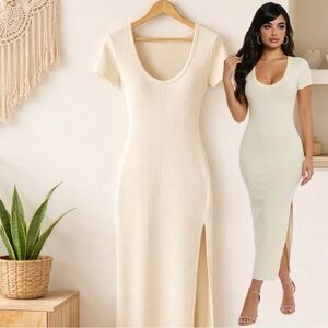 🛍️ Women’s cream fitted short sleeve maxi dress size small